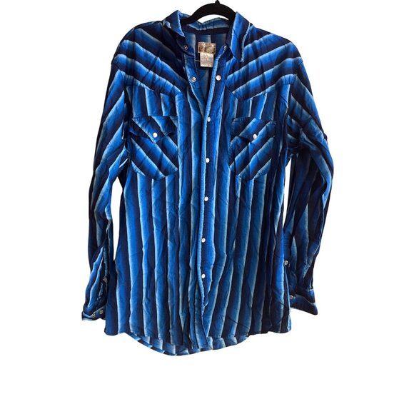 Vintage Express Rider Western Striped Button-Up Shirt Blue/Navy Long Sleeve 100% - Picture 1 of 6